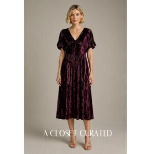 Masscob Velvet Midi Dress Burgundy V Neck Tie Back XS